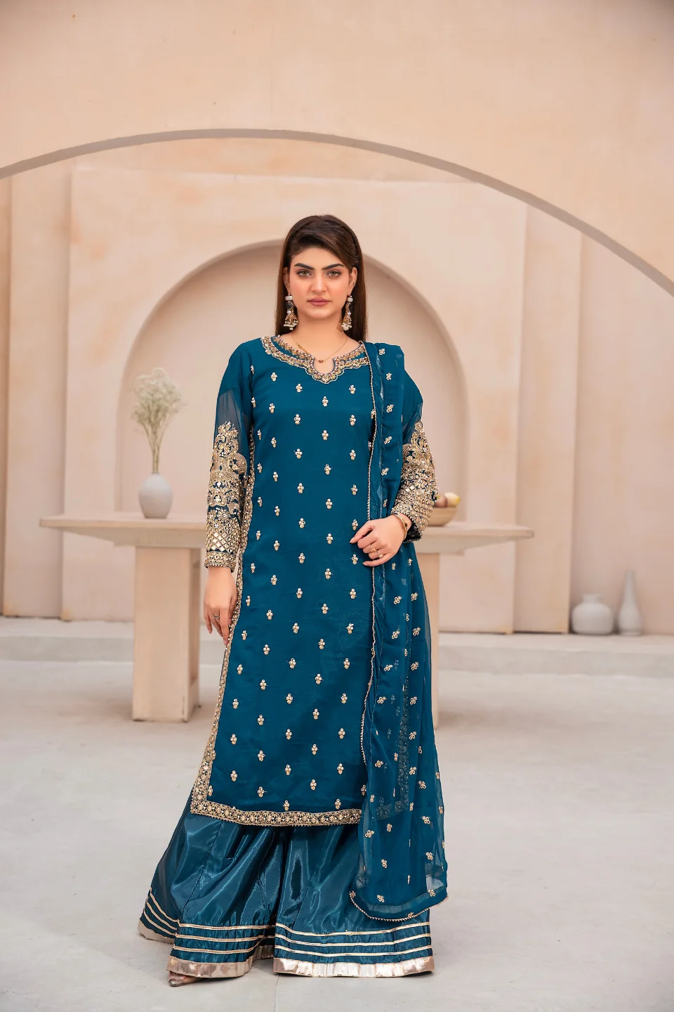Regal Teal Embellished Sharara Suit