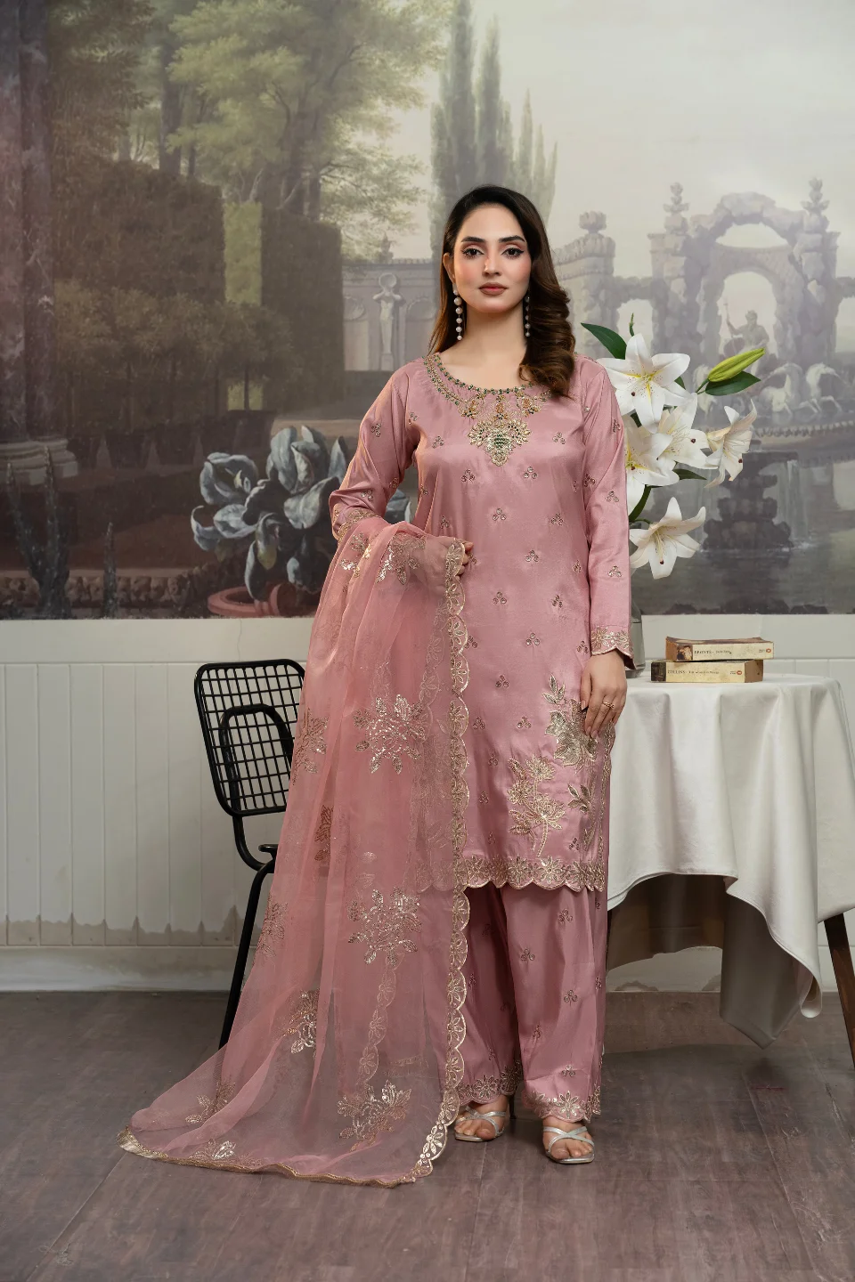 Dusty Rose Scalloped Organza Suit
