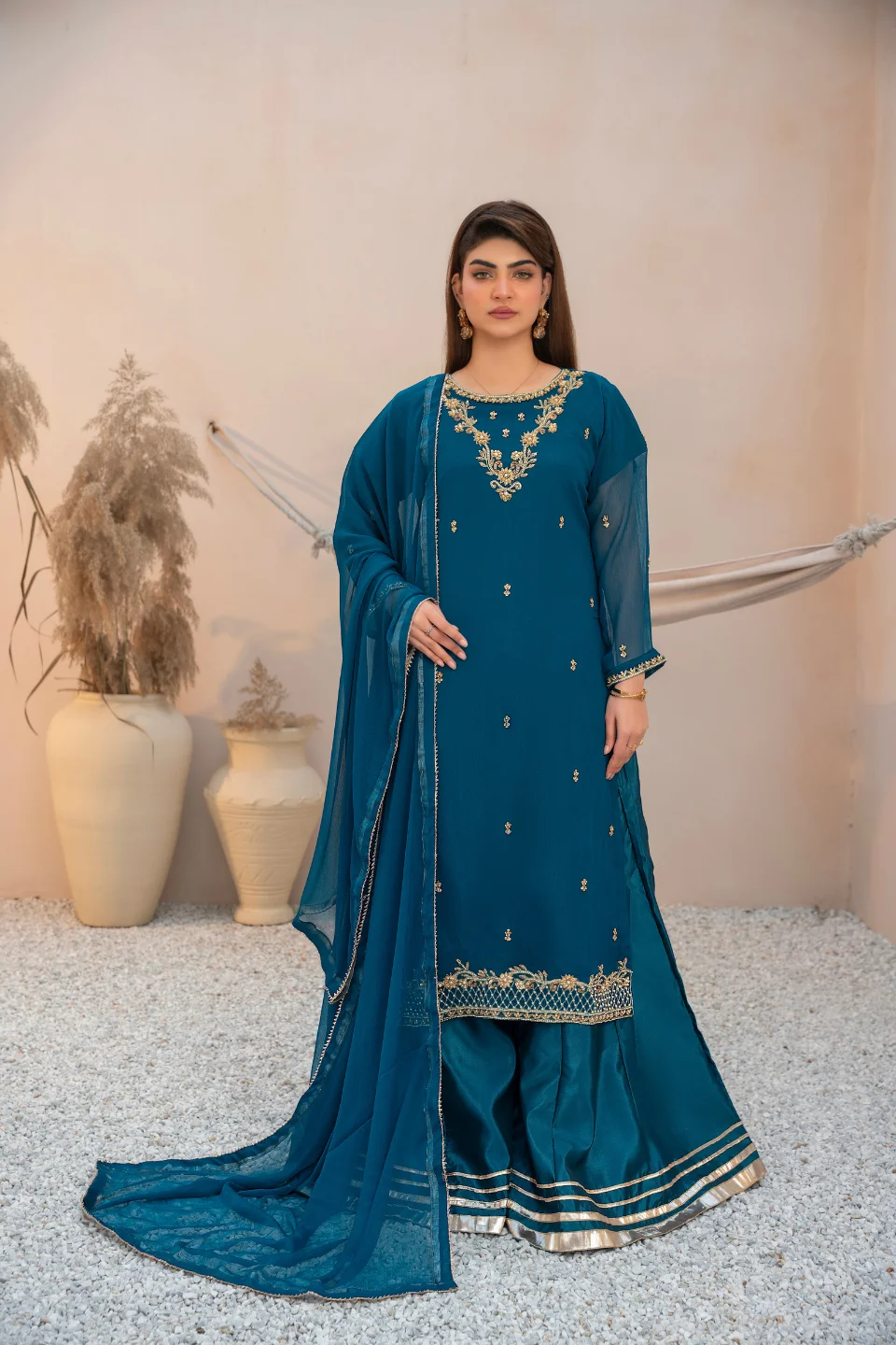 Deep Cyan Sheer-Sleeve Festive Suit