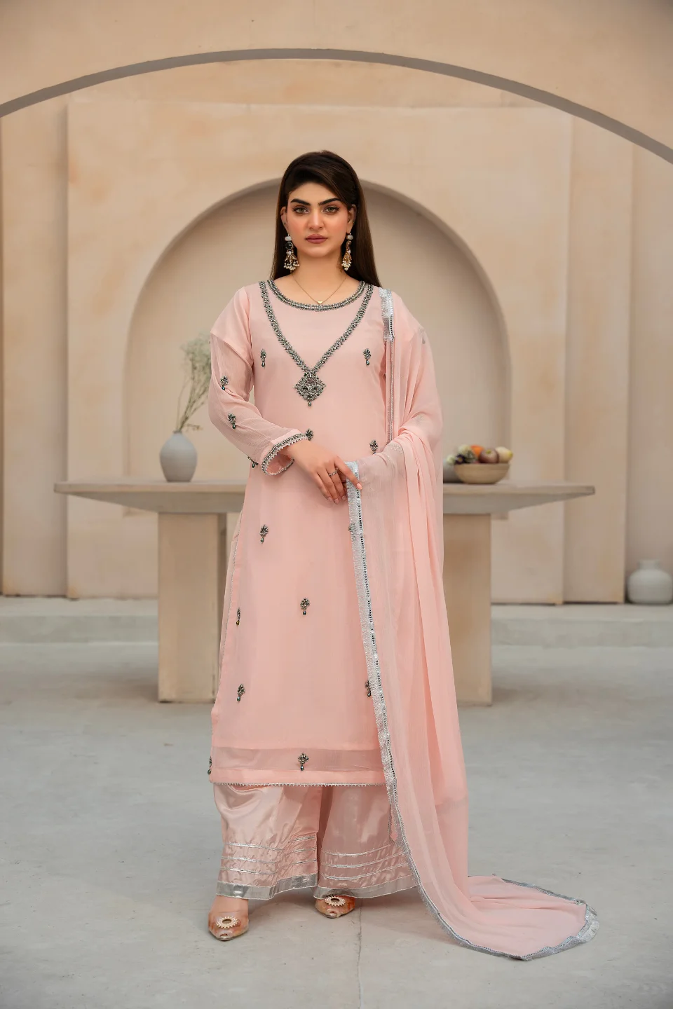 Peach Silver-Trimmed Palazzo Suit